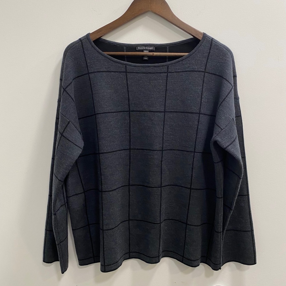 Eileen Fisher Sweater Womens M Grey Windowpane Merino Wool Boat Neck Knit Top
